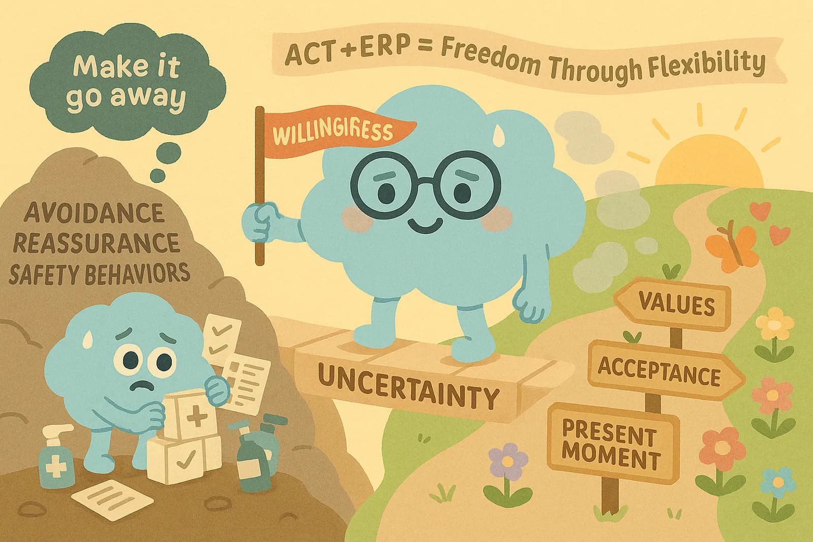 Cloud, our OCD cloud mascot is standing on a narrow, slightly wobbly bridge labeled “Uncertainty”, holding a small flag that says “Willingness” while behind the bridge is a steep hill of rocks labeled “Avoidance, Reassurance, Safety Behaviors” where a version of the cloud mascot is frantically trying to build a protective wall of checklists, sanitizer bottles, and rules. Ahead of the bridge is a peaceful trail with signs like “Values,” “Acceptance,” “Present Moment” growing like flowers along the path.