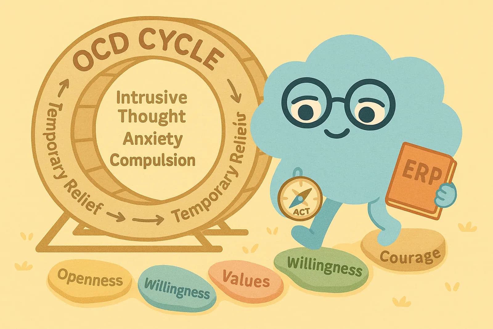 A large, looping hamster wheel labeled “OCD Cycle” where Choice, our cloud mascot, is shown stepping off the wheel.