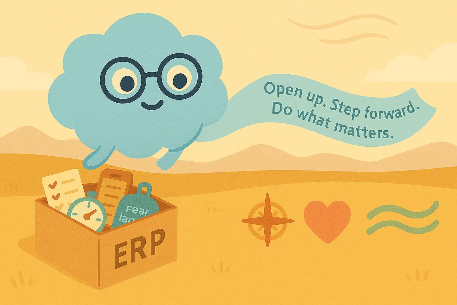 Choice, our OCD cloud mascot, is stepping onto a wide-open field with flowing values symbols from a confined, labeled box marked “ERP” (symbolizing structure, rigidity, or symptom focus).