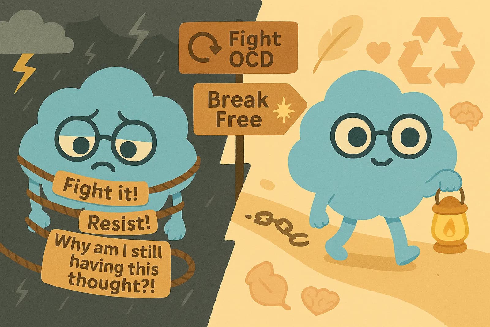 Choice, our OCD cloud mascot, on the left is shown tangled in ropes and on the right, walking forward calmly, with broken chain links behind it.