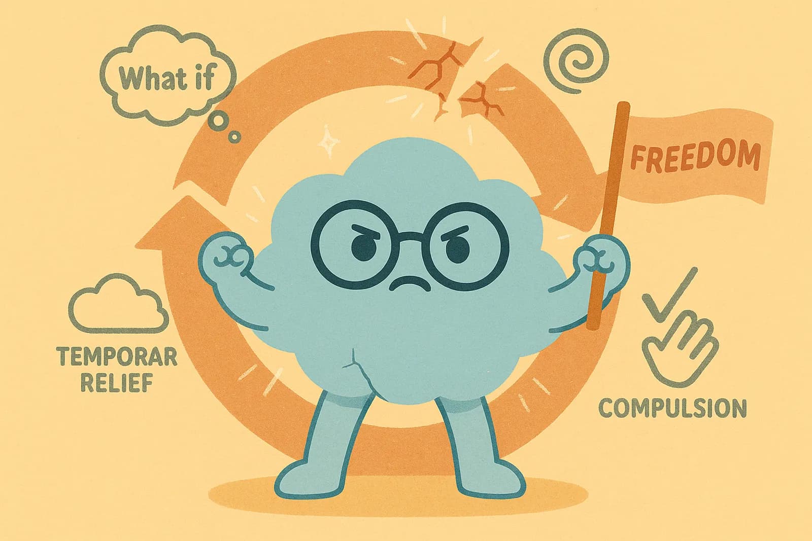 Choice, our cloud mascot is shown in a powerful, determined pose where behind it is a large, looping circular arrow (symbolizing the OCD cycle) cracking or breaking apart and around the loop are icons symbolizing the OCD cycle.