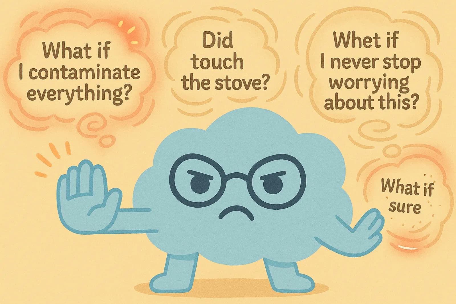 The cloud mascot, Choice, is standing firm with a determined expression, one fluffy paw extended forward in a “stop” gesture, with swirling thought bubbles coming from above, labeled with common OCD triggers.