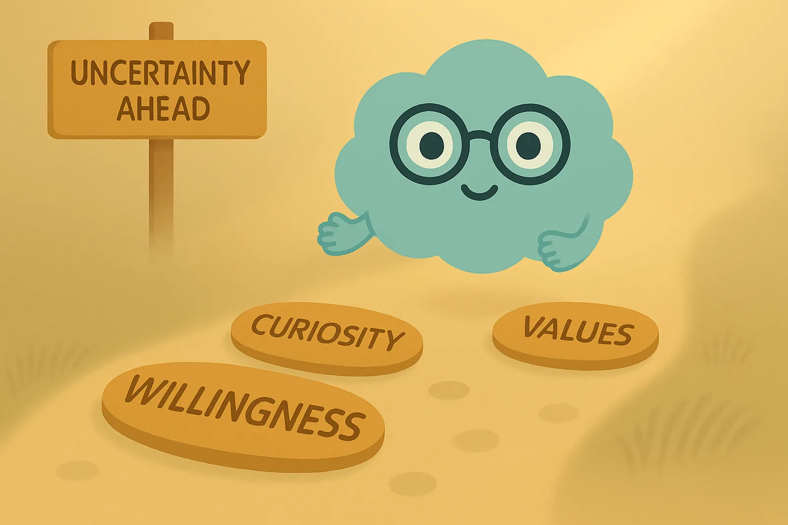 Choice, our cloud mascot is at a foggy path that disappears into a soft, glowing haze, representing living with uncertainty in OCD.