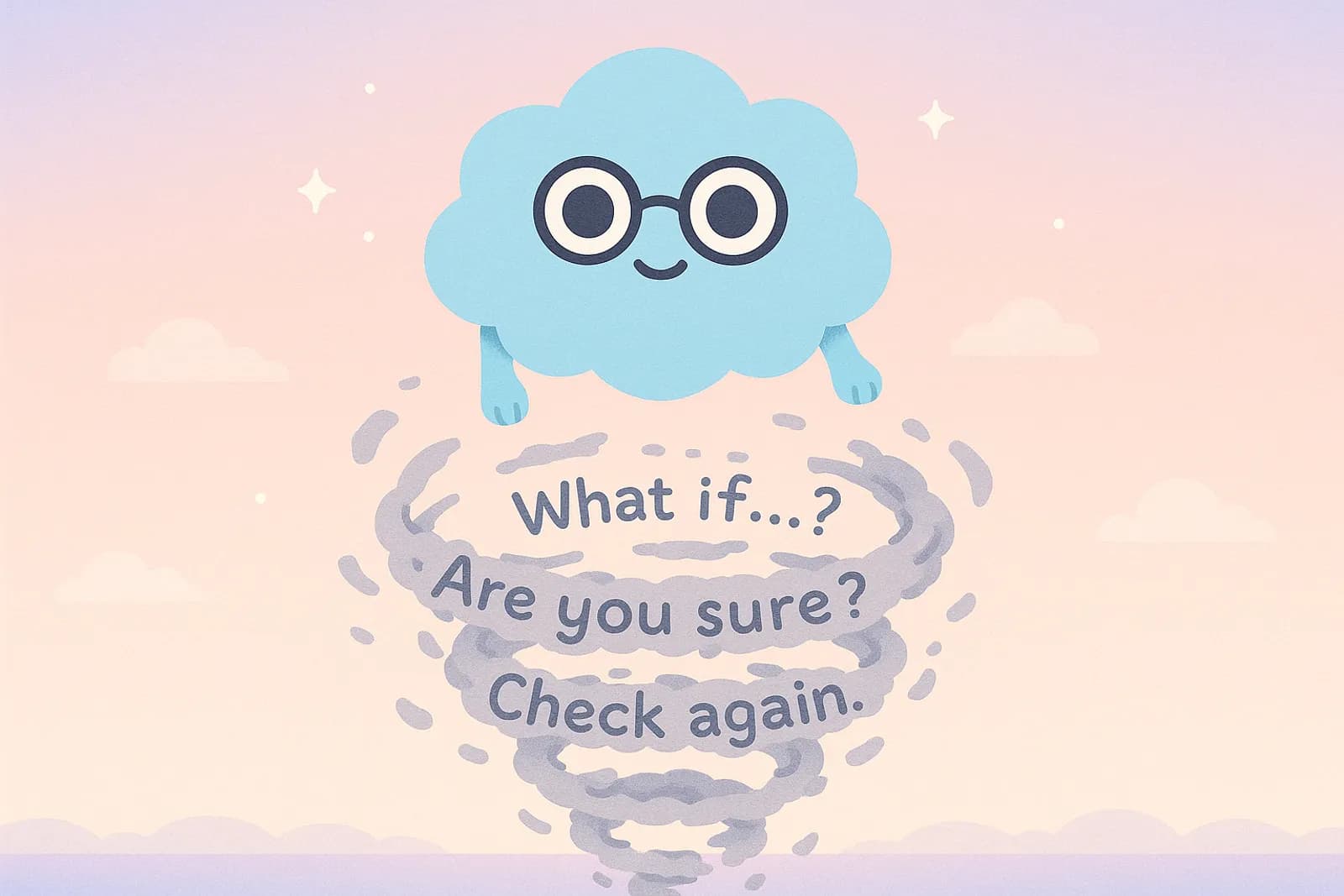 Choice, our cloud mascot, floats upward, breaking free from a spiral-shaped thought vortex looking peaceful, symbolizing psychological distance from obsessions.