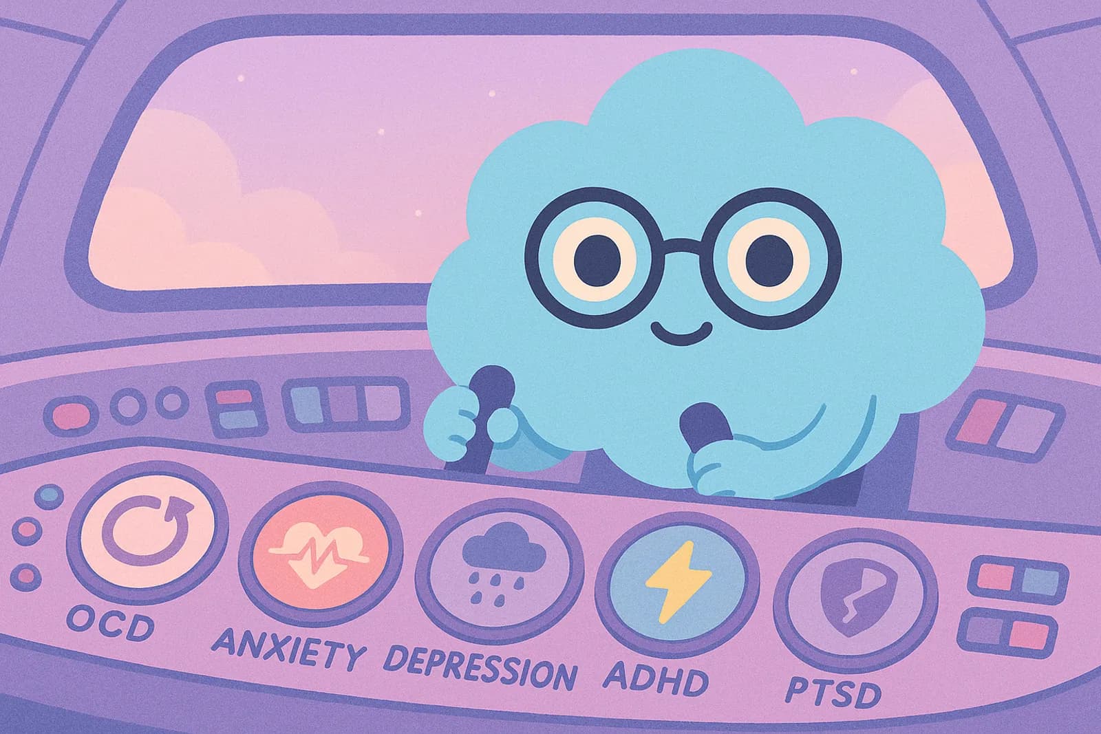 Choice, the cloud mascot, is confidently standing at the helm of a control cockpit, like the pilot of a mental health starcruiser. Around the mascot are labeled dashboard dials, each representing different mental health challenges, like OCD together with other comorbidities.