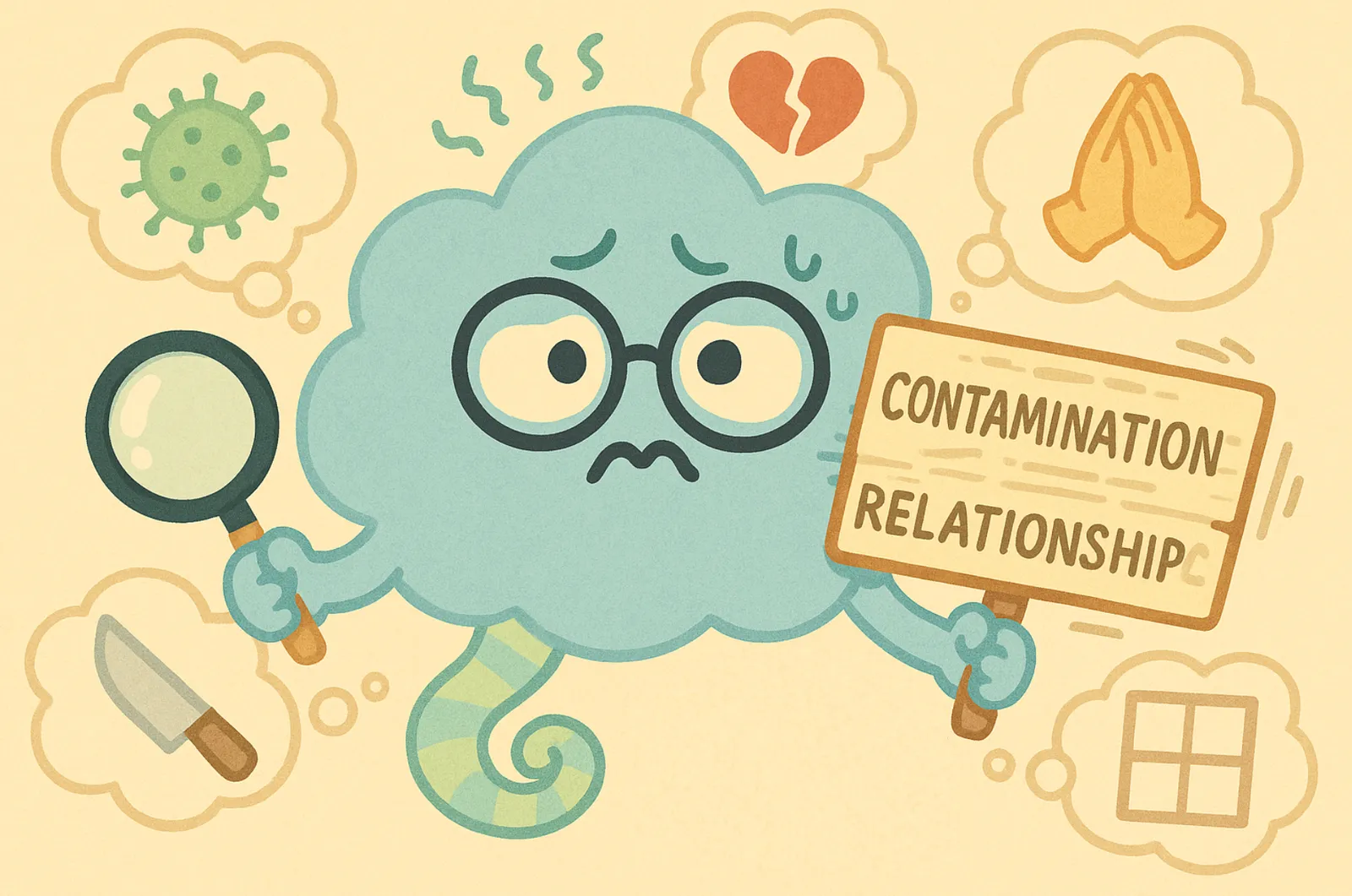 Choice, the cloud mascot is centered, looking frustrated but confused, holding a magnifying glass in one hand and a theme-labeled sign in the other that keeps shifting between labels representing OCD shifting themes.