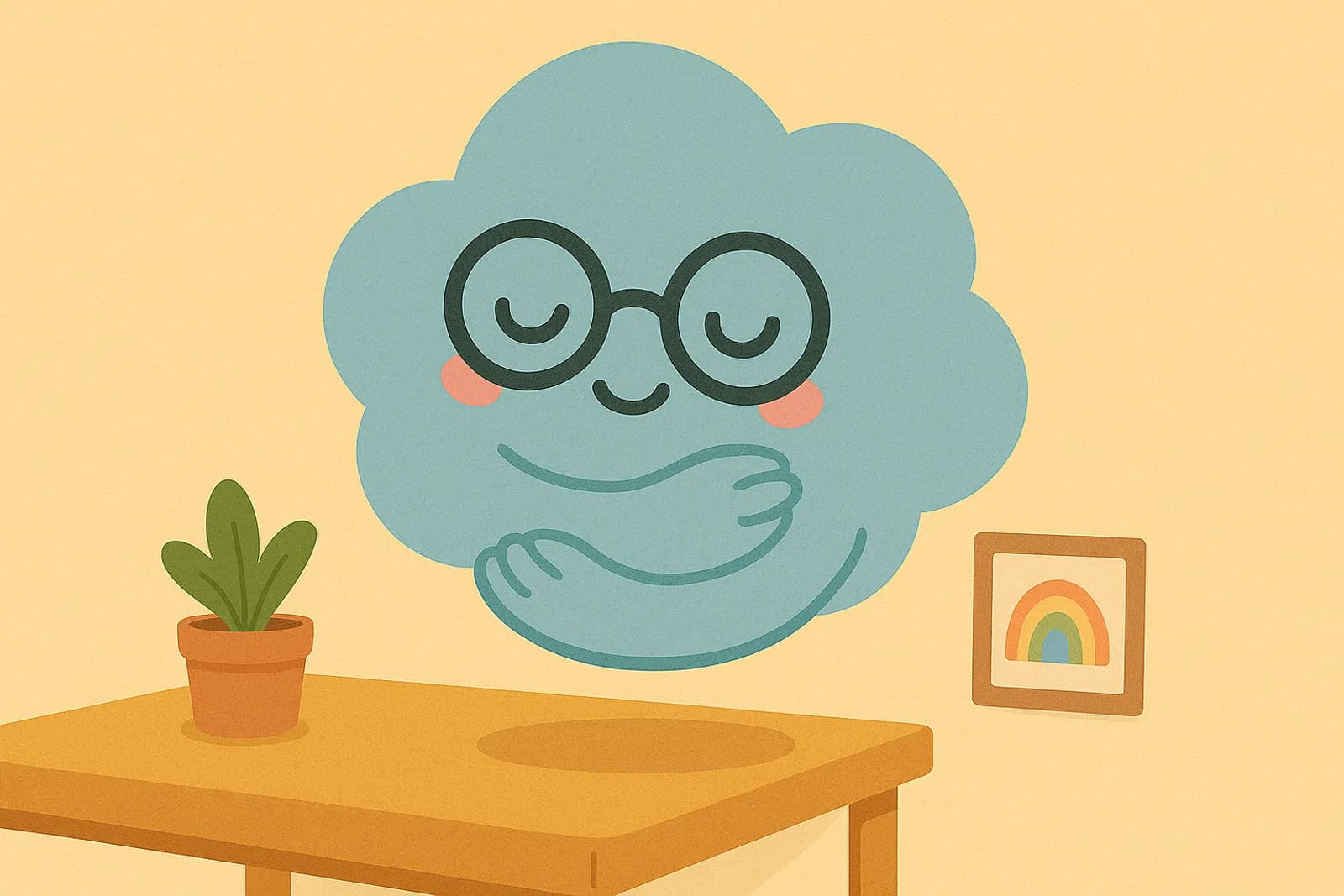 OCD mascot hugging himself expressing self-compassion in OCD recovery.