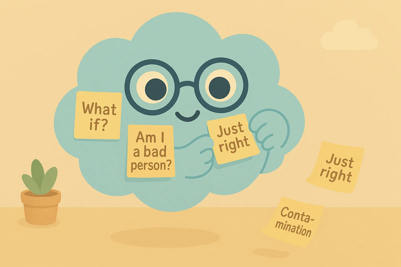 Choice, our cloud mascot, gently peeling off sticky post-its stuck to its body - symbolyzing progress through OCD treatment.
