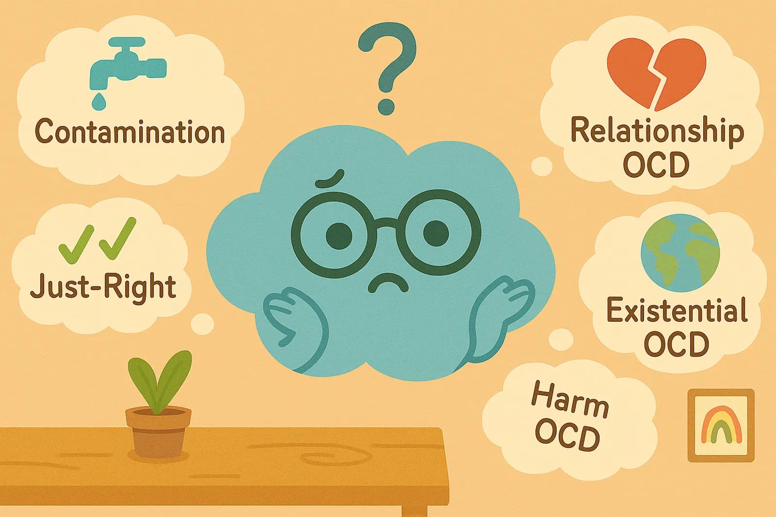 Choice, our OCD cloud mascot, looking confused with thought bubbles around containing OCD subtypes.
