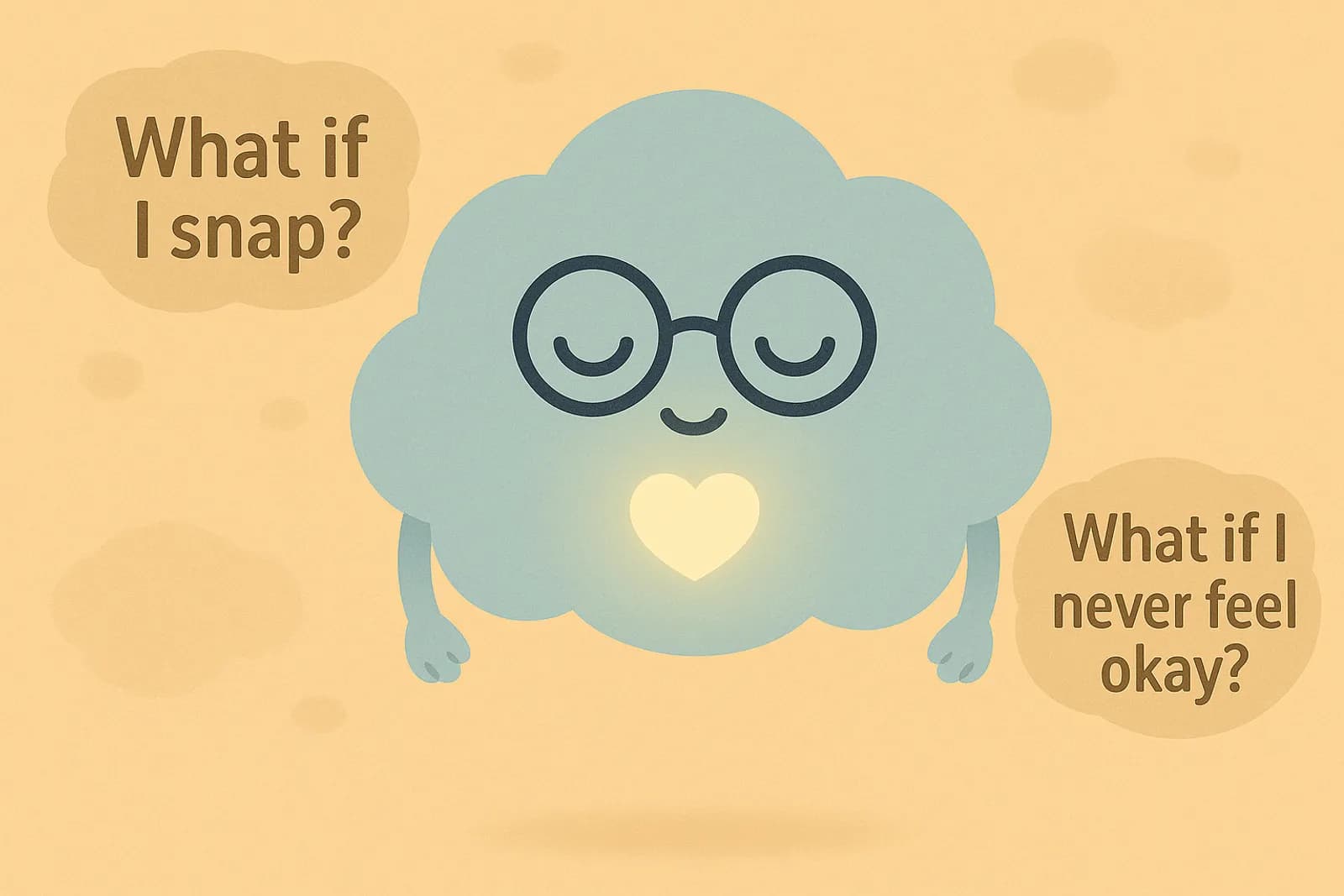 The cloud mascot floats calmly with eyes gently closed, with a small anxious thought bubble hovering nearby. The mascot is not trying to push it away, just allowing it to be there representing the response to anxiety brought by OCD.