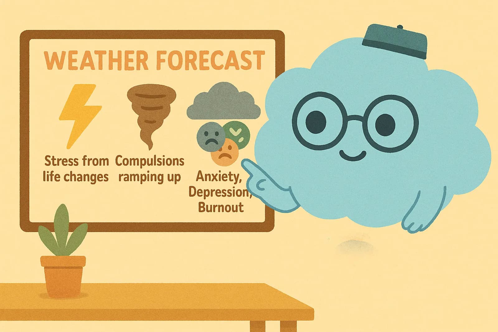 The cloud mascot, Choice, is holding a weather forecast board showing different "weather" symbols that represent common OCD triggers.