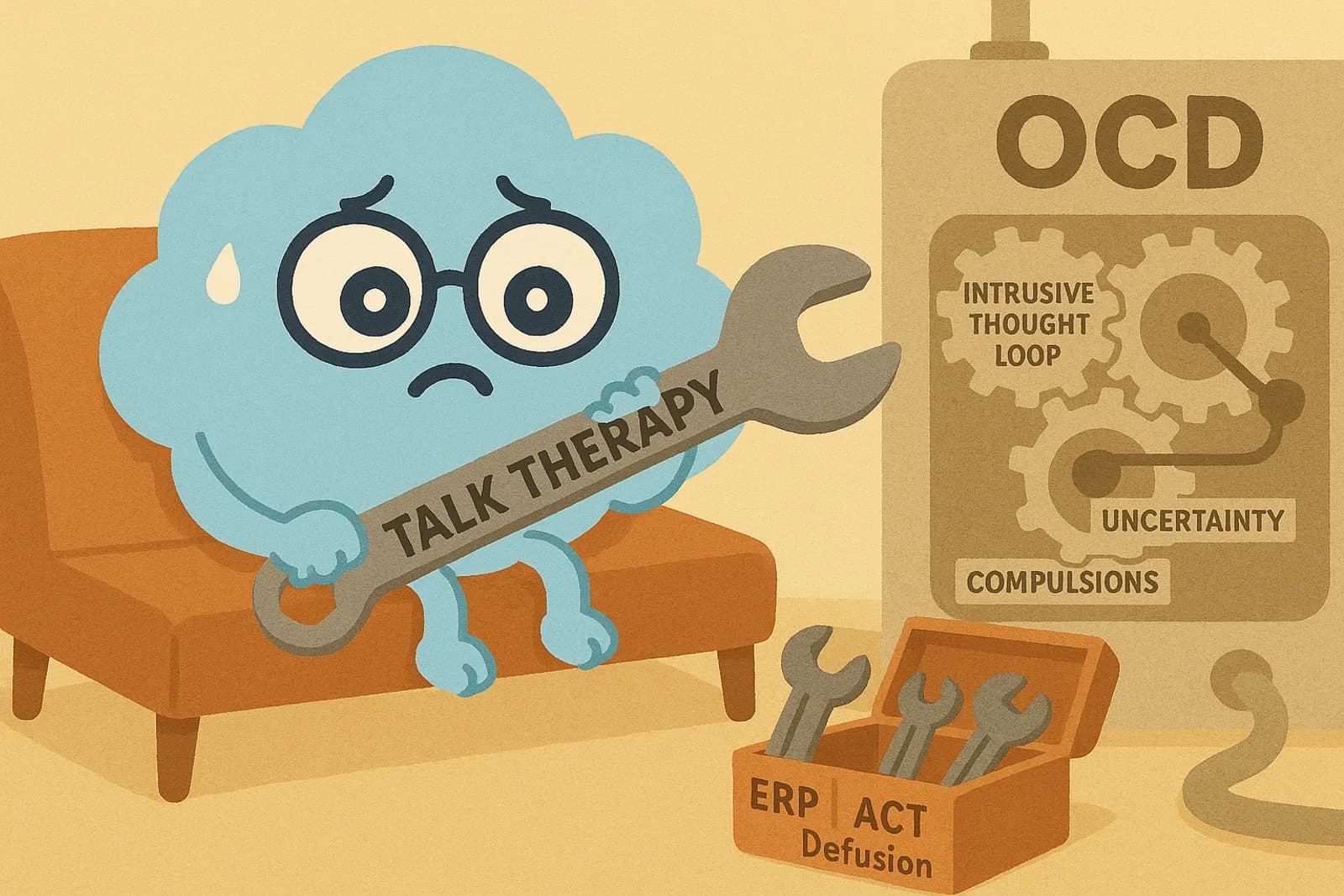 The cloud mascot, Choice, looks confused, sitting on a therapy couch. In one paw, he’s holding a giant wrench labeled “Talk Therapy”, trying to fix a complex machine labeled “OCD.”
